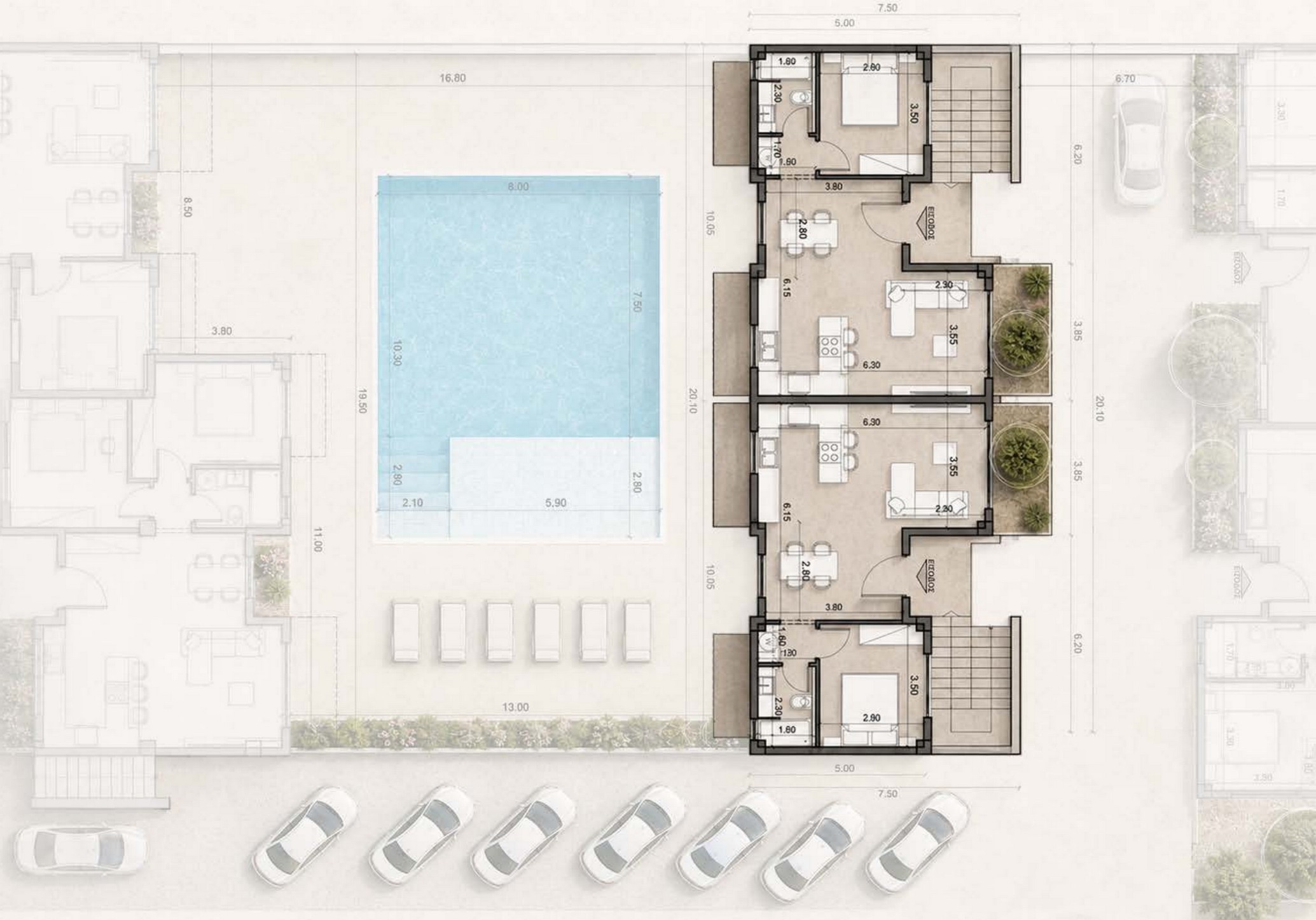 Type A ground floor plan — 4 apartments around a communal pool