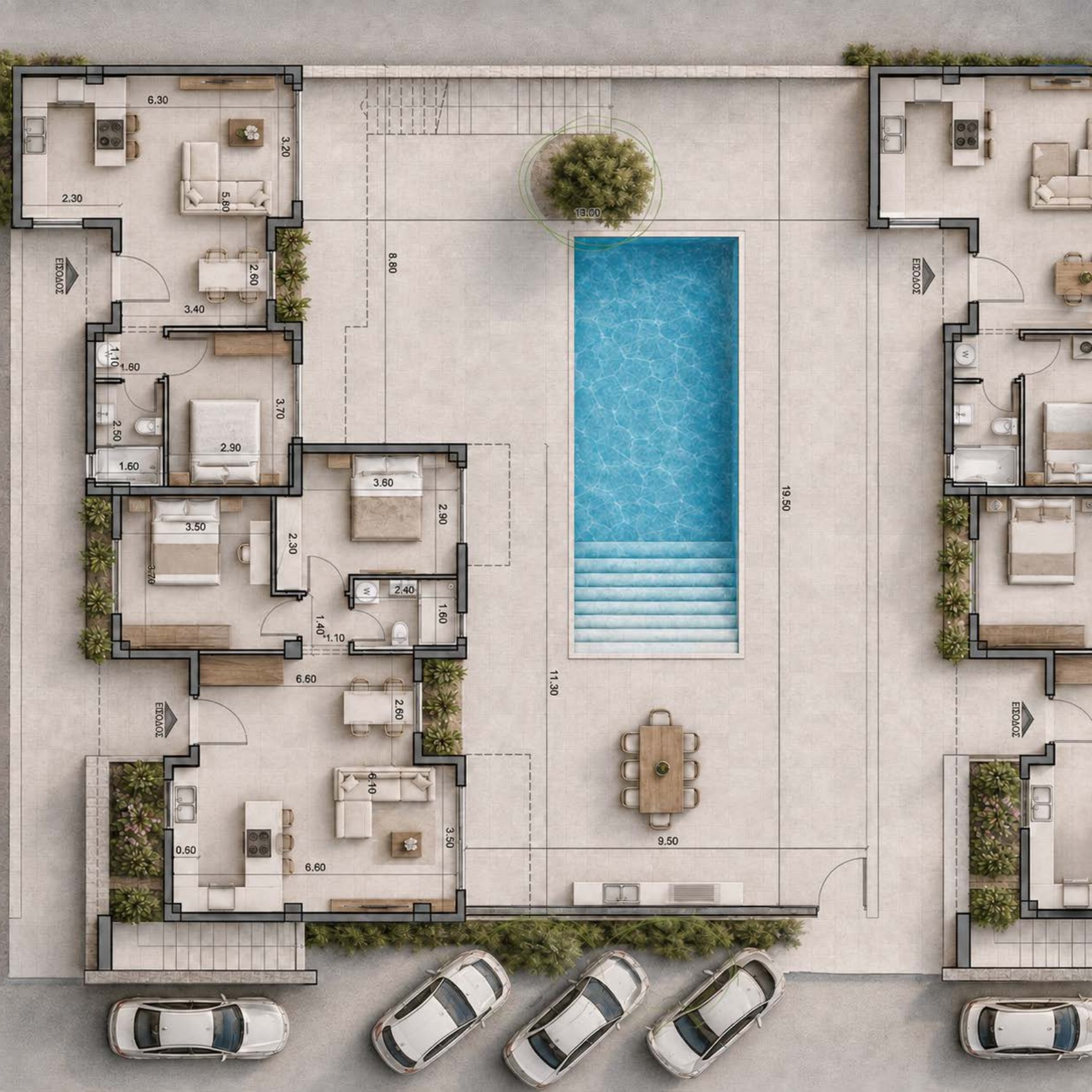 Type B ground floor plan — 4 apartments around a communal pool